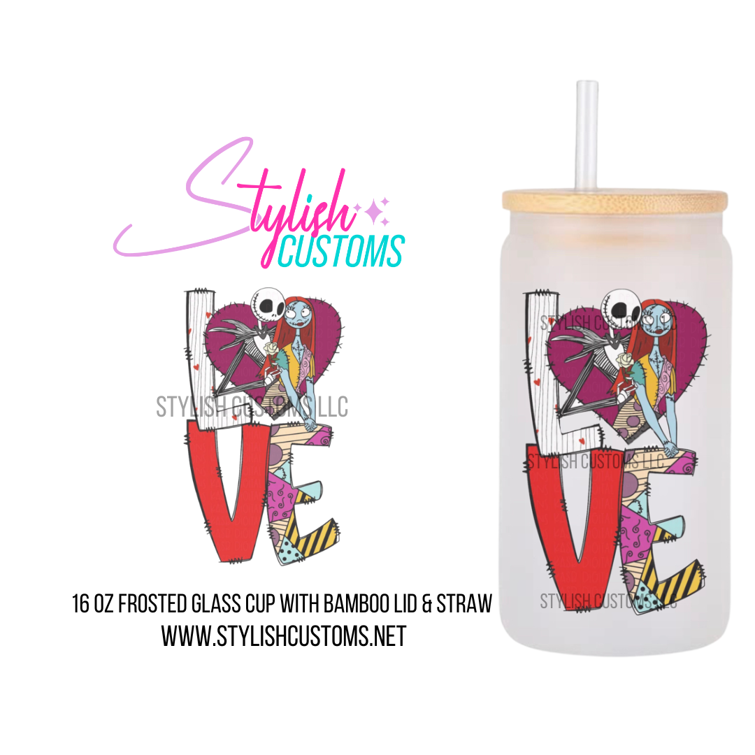 Love Jack and Sally 16oz Frosted Glass