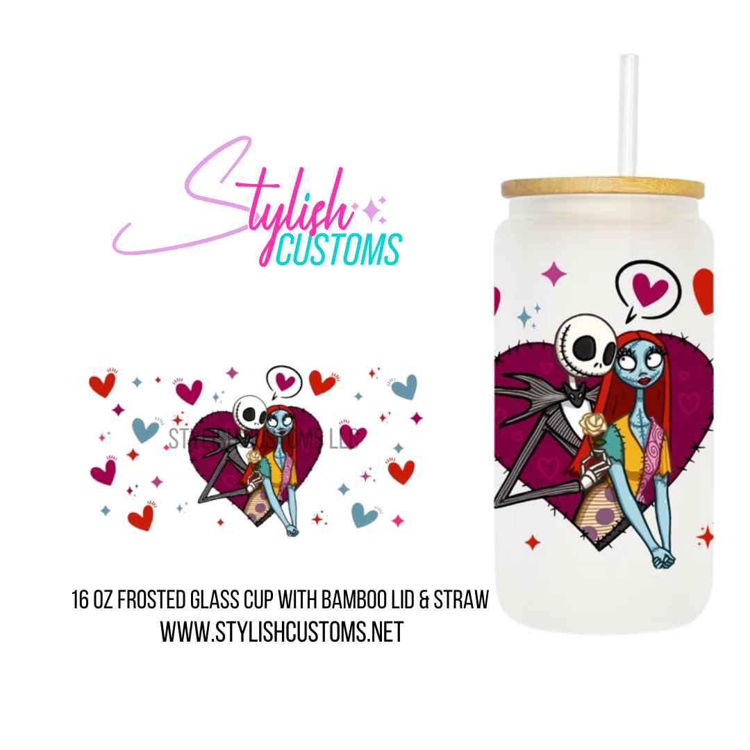 Jack and Sally 16oz Frosted Glass